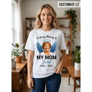 Personalized Custom Photo Memorial Shirt In Loving Memory Angel Wings Design Make Your Own Picture Name Dates Remembrance Funeral Keepsake Unisex Casual Black Crewneck Short Sleeve Tops for Family Gri