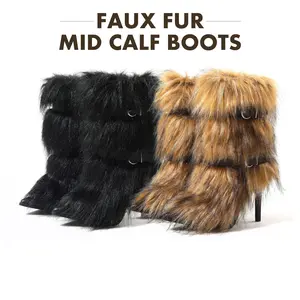 CELNEPHO Womens Faux Fur Mid Calf Boots Pointed Toe Stiletto High Heel Adjustable Buckle Warm Cozy Pull on for Party Winter Hiking Gift Boots
