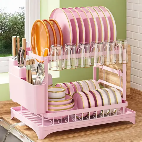 Black 2-Tier Carbon Steel Dish Drying Rack with Drainboard - Anti-Rust Sturdy Countertop Organiser, 2-Layer Metal Storage Shelf, 360° Rotatable Drain, Automatic & Quick Drainage, Easy Installation for Dishes, Cups, Cutting Boards