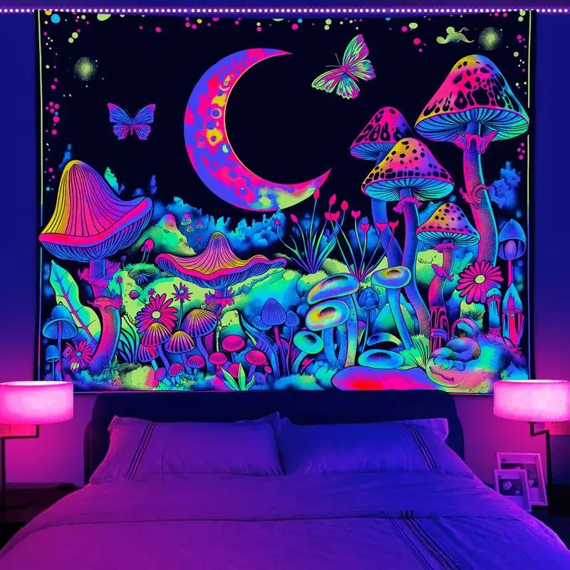 UV Reactive Neon Glow Tapestry, 1-Piece Rectangular Mushroom-Moon-Butterfly Pattern Wall Decor, Durable Whimsical Home Decor Hanging Blanket, Multicolor Home Goods