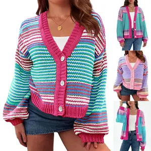 【US Shipping】Womens Striped Cardigan Sweaters Oversized Puff Sleeve Button Up V Neck Color Block Knit Sweater Coat