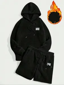 Men's Flannel Pajama Set, Soft Skin-Friendly Material, Elastic Waistband Shorts & Warm Hoodie, Ideal for Teen Boys & Adults, Casual Home Wear