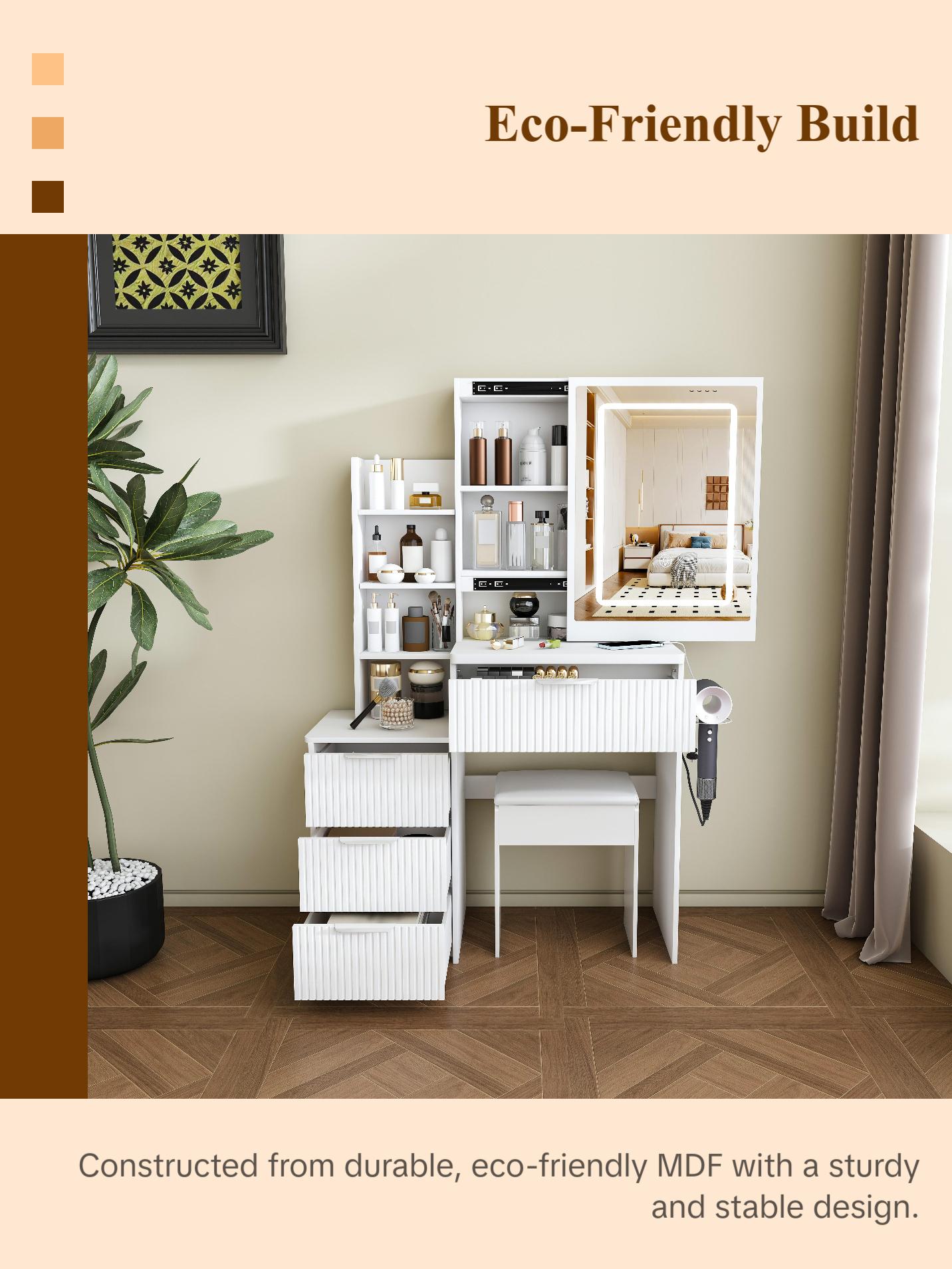 Modern Vanity Desk with LED Lighting 3 Modes & Adjustable Brightness, Makeup Table with 4 Drawers & Storage Shelves, Built-in Power Outlet & Hair Dryer Holder, Easy Assembly