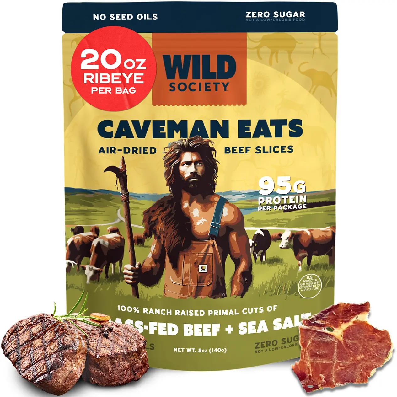 Wild Society Caveman Eats Air-Dried Beef Slices 95g Protein | Grass-Fed Beef Crisps, Zero Sugar Carnivore Snack, Sea Salt, Keto, Paleo, US Made