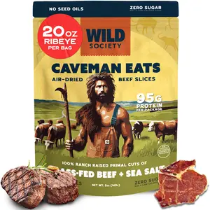 Wild Society Caveman Eats Air-Dried Beef Slices 95g Protein | Grass-Fed Beef Crisps, Zero Sugar Carnivore Snack, Sea Salt, Keto, Paleo, US Made