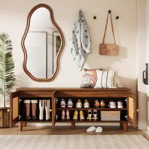 LITTLE TREE 55" Shoe Bench with Lift Top Storage, Entryway Bench with Seat, 3 Doors 2-Tier Rattan Shoe Cabinet Bench with Hidden Storage Space for Living Room, Hallway