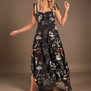 Mushrooms Fairyland Forest Tie Straps Smocked Maxi Dress