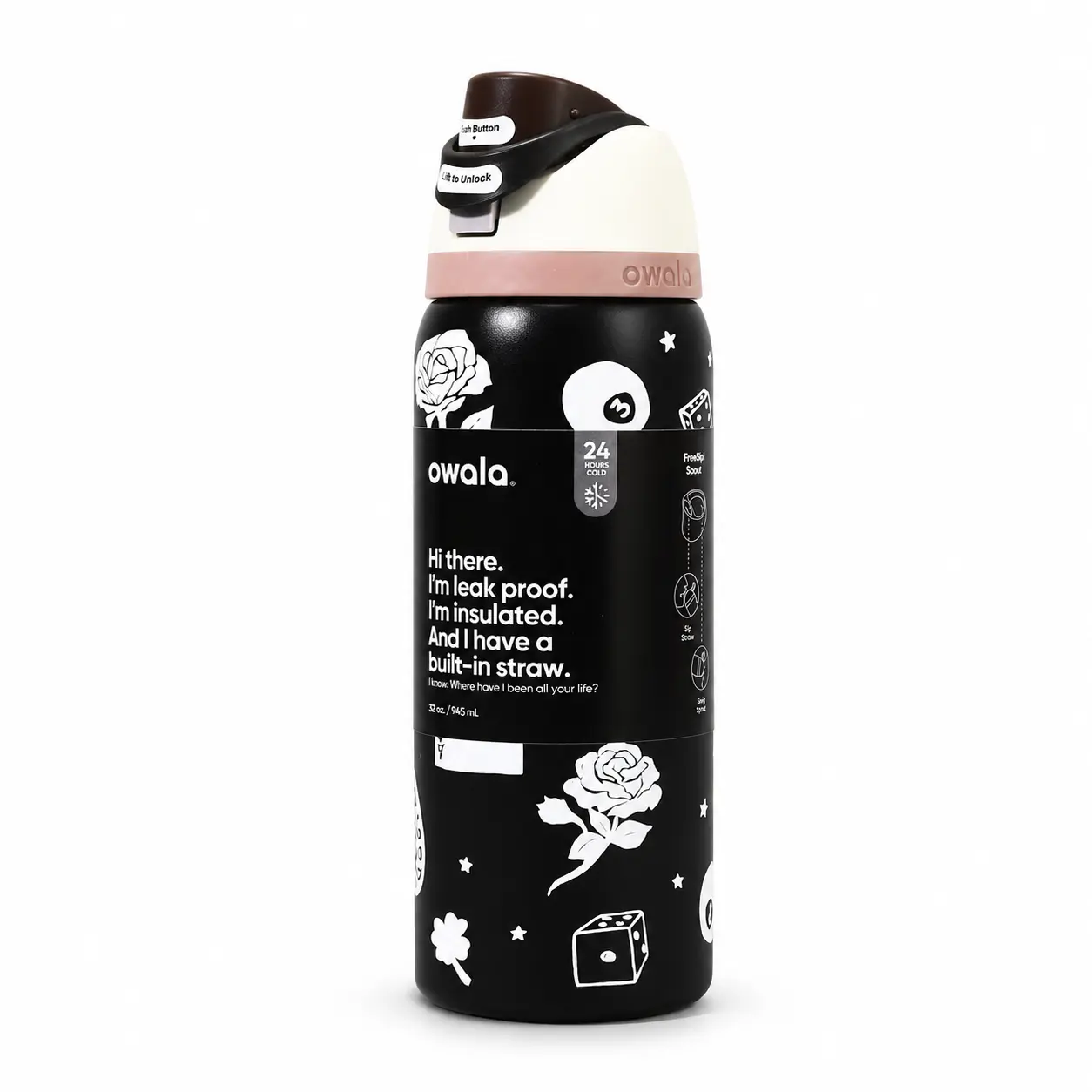32oz Large Owala FreeSip Water Bottle - Black Rose Dice & Gothic Playing Card Design, Vacuum Insulated Stainless Steel Travel Mug, Leak-Proof Straw Lid Cup for Adults, Daily Use, Road Trips