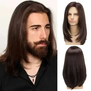 Wig, handsome men's hair, medium and long straight hair for men, high temperature chemical fiber wig, full headgear.