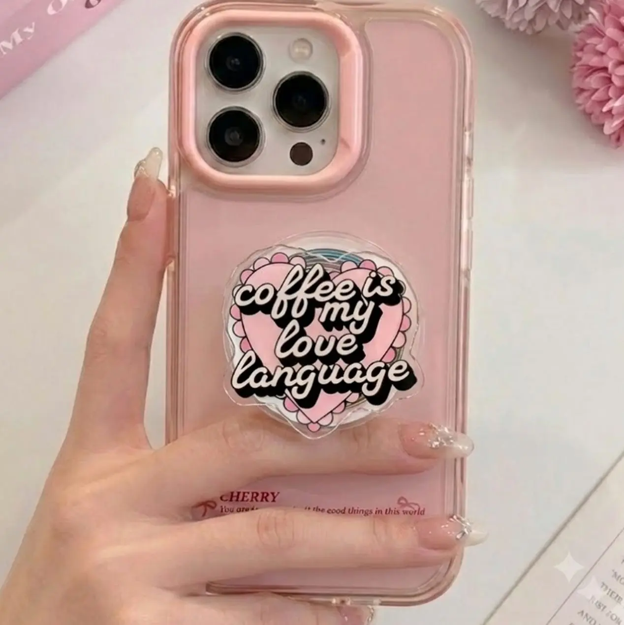 Coffee Is My Love Language Phone Grip | Cute Pink Heart Ribbon PopSocket | Funny Coffee Lover MagSafe Phone Holder