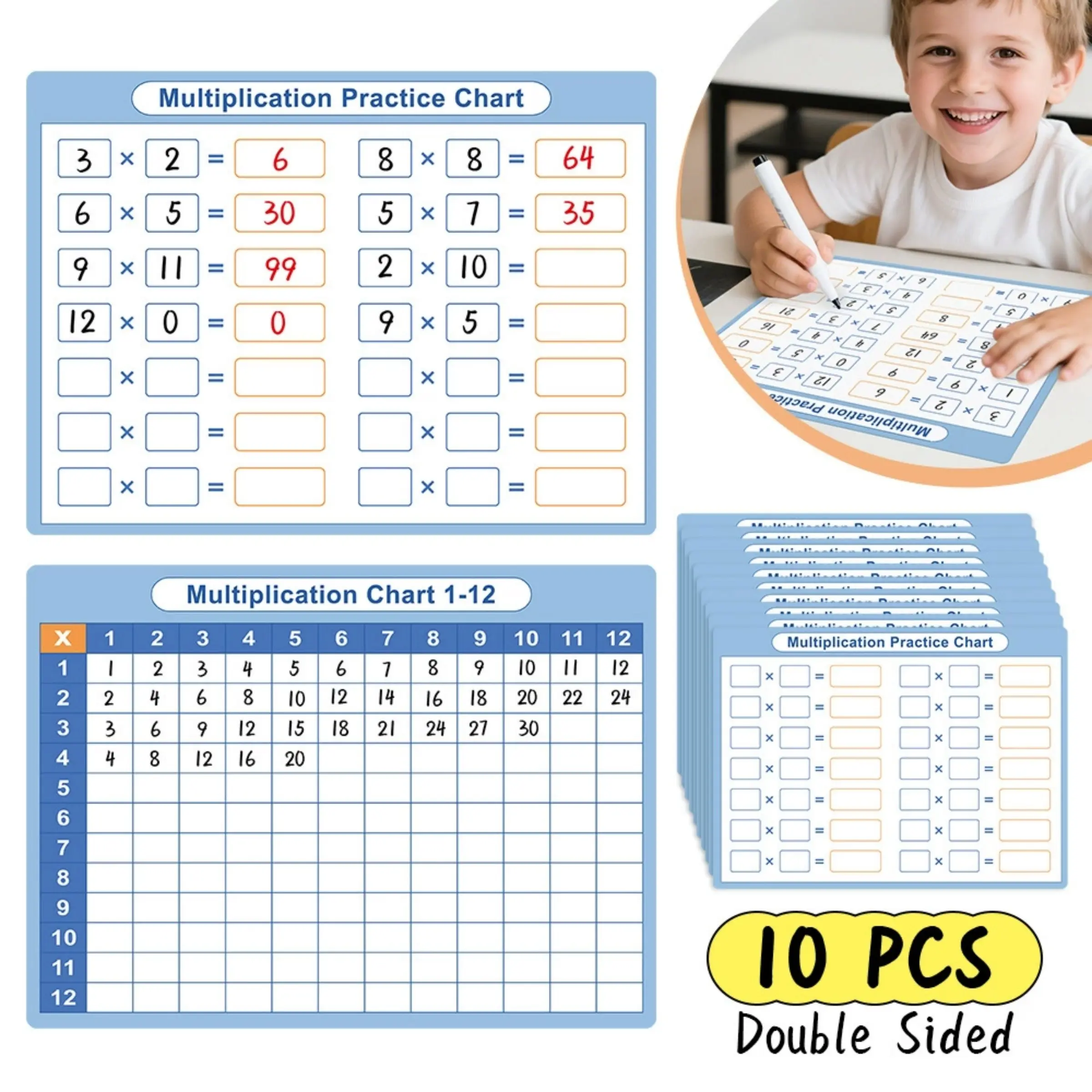 10 Sheets Reusable Multiplication Flashcards, A4 Size Math Practice Tool, Enhance Mental Arithmetic Skills, Educational Learning Aid