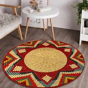 Creative Navajo Style Geometric Pattern Round Washable Area Rug, Modern Design for Living Room and Bedroom, Easy Care, Holiday Gift
