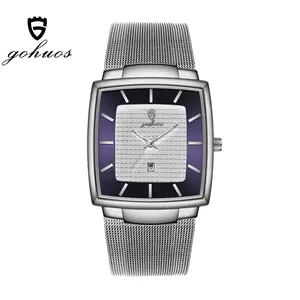 GOHUOS Men's Vintage Square Dial Watch Sliver Stainless Steel Classic Style Waterproof 30M Quartz Wristwatch