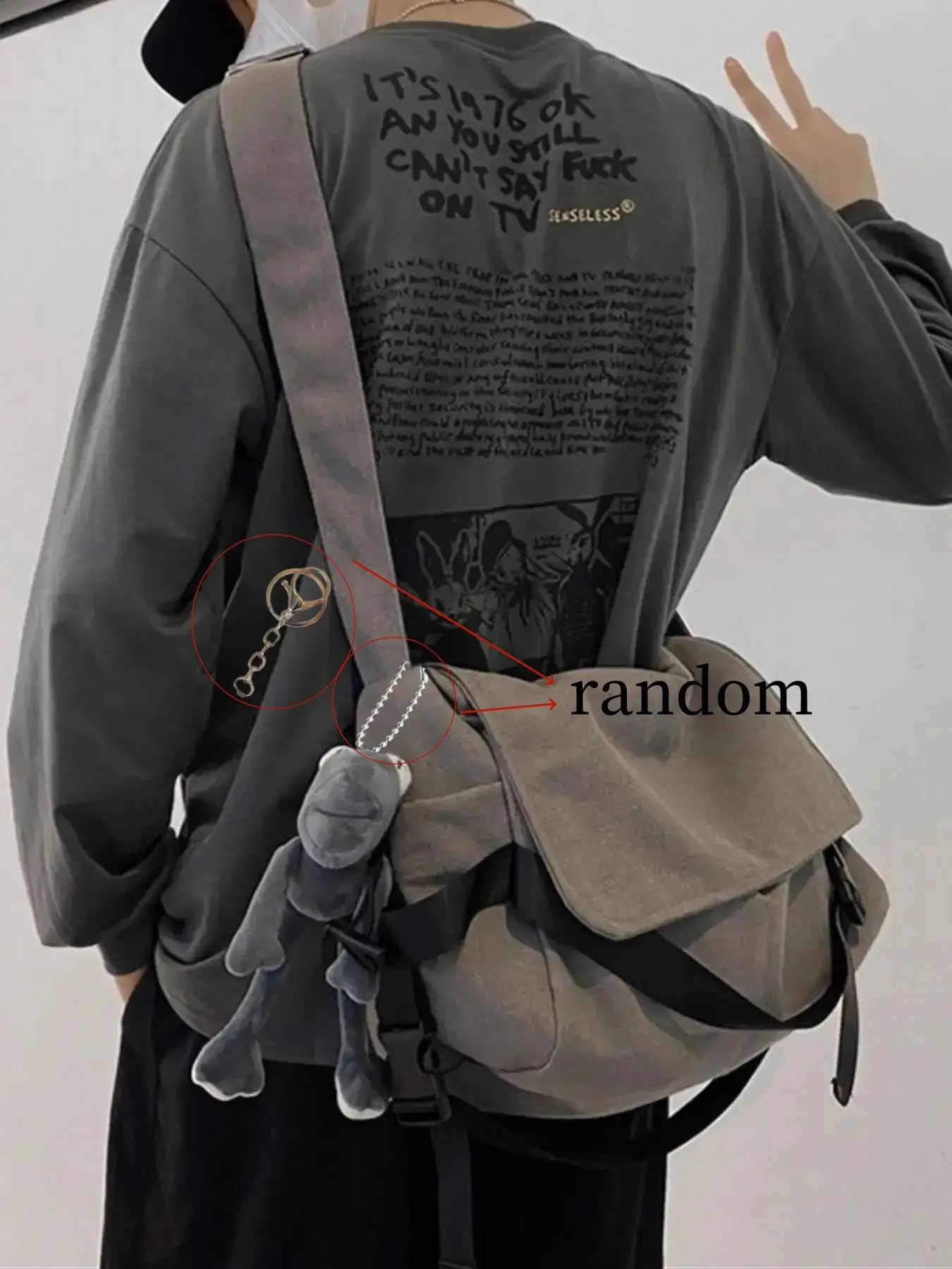 Men's Plain Canvas Crossbody Bag, Solid Color Trendy Versatile Crossbody Bag with Cartoon Charm, Large Capacity Daily Commuting Shoulder Bag for Work