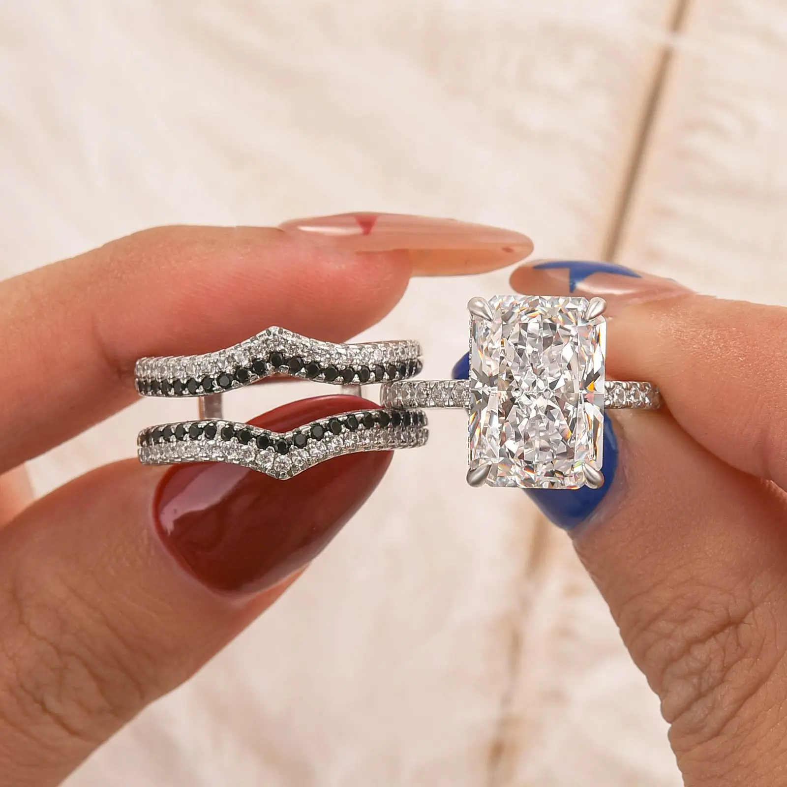 Maxine CZ S925 Sterling Silver 7.0ct Radiant Cut Insert 2PC Engagement Ring Set, White & Black Stone Bridal Ring Set,5A Cubic Zirconia Women's Ring Jewelry,Wedding Ring Set for Daily,Travel,Proposal,Birthday,Anniversary, Center Stone Size