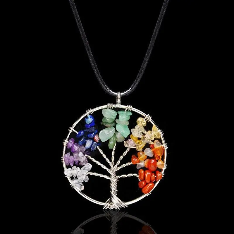 Women's 7 Chakra Crystal Necklace, Handcrafted Bohemian Tree of Life Pendant with Assorted Metaphysical Genuine Gems (52x48mm), Adjustable 42cm Faux Leather Necklace Cord, Lightweight & Versatile for Spirituality & Healing, Ideal Gift for Crystal Healing,