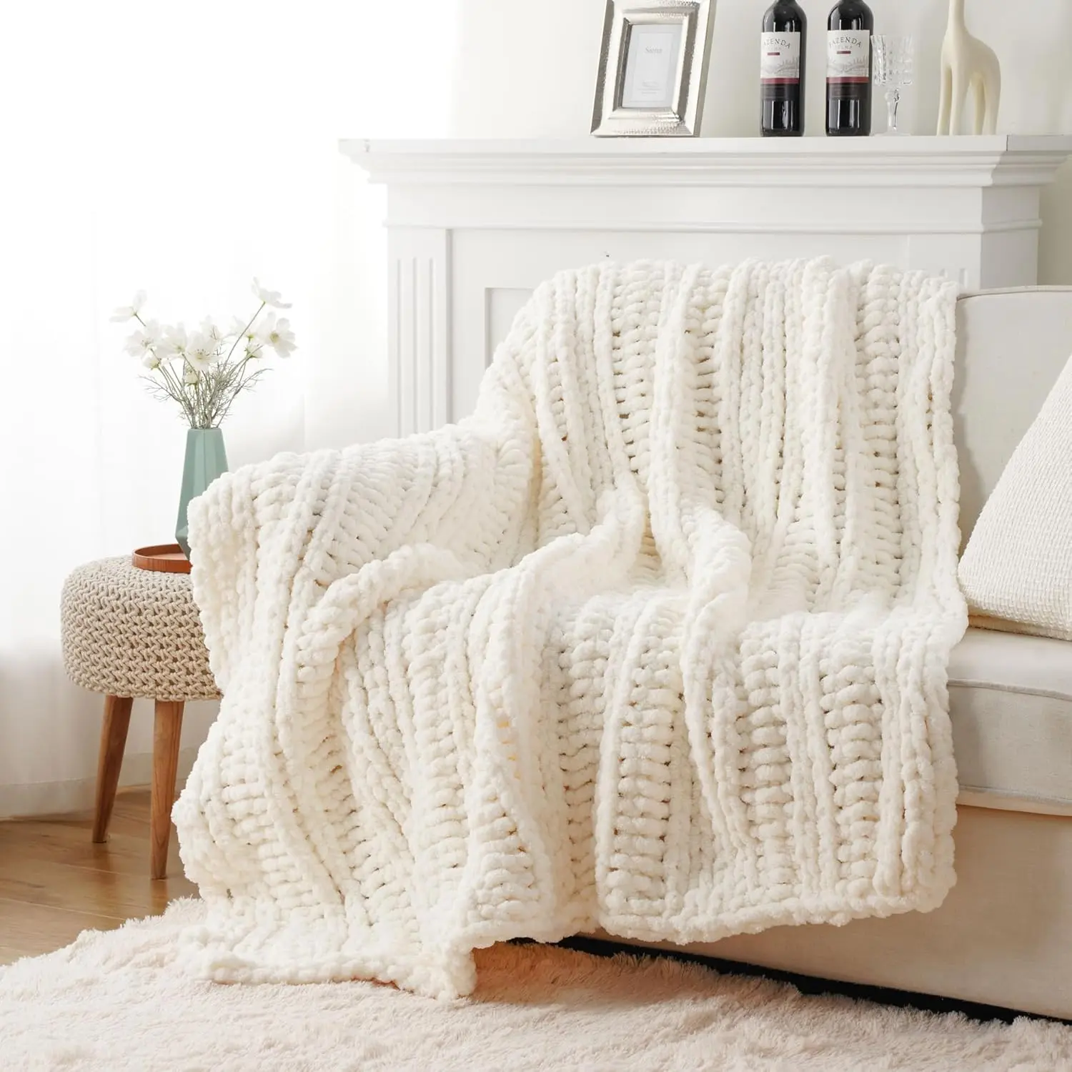 Cream Chunky Knitted Throw Blanket for Couch,  White   Knit Crochet Blanket, Cream Chenille Throw for Couch, Soft Thick Farmhouse Blanket for Living Room, 50"x60"