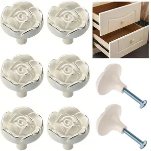 5/10pcs Vintage Rose Flower Cabinet Handles, Simple Zinc Alloy White Kitchen Drawer Pulls, Suitable Dressing Table, Dressing Table, Nightstand, Cabinet, Wardrobe, with Screws (Silver Lines)