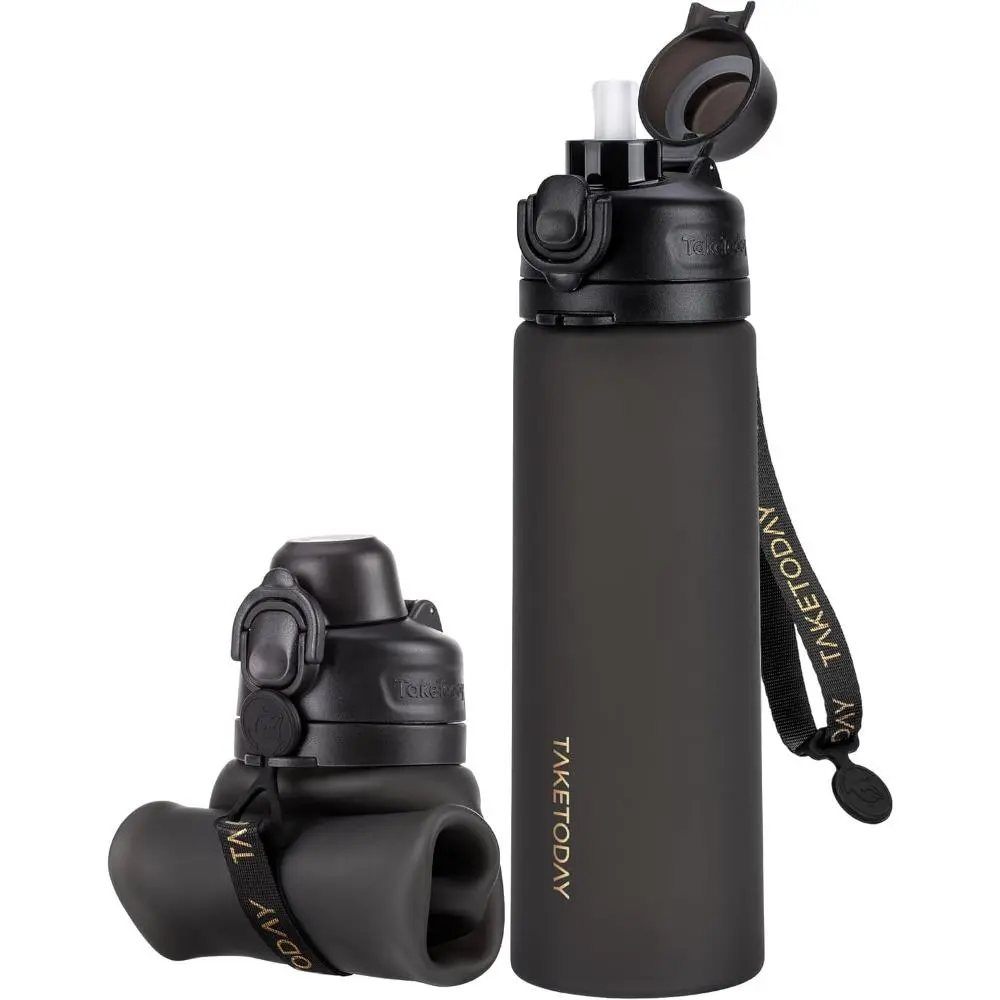 21oz Foldable Silicone Water Bottle - BPA-Free, Eco-Conscious, Drop-Resistant Travel Bottle with Tight Seal Lid, Straw, Strap for Camping, Backpacking, Festival, Compact, Straw Lid, Food-Safe, Wide Mouth, Exercising, Hiking, International Traveling, Leak-