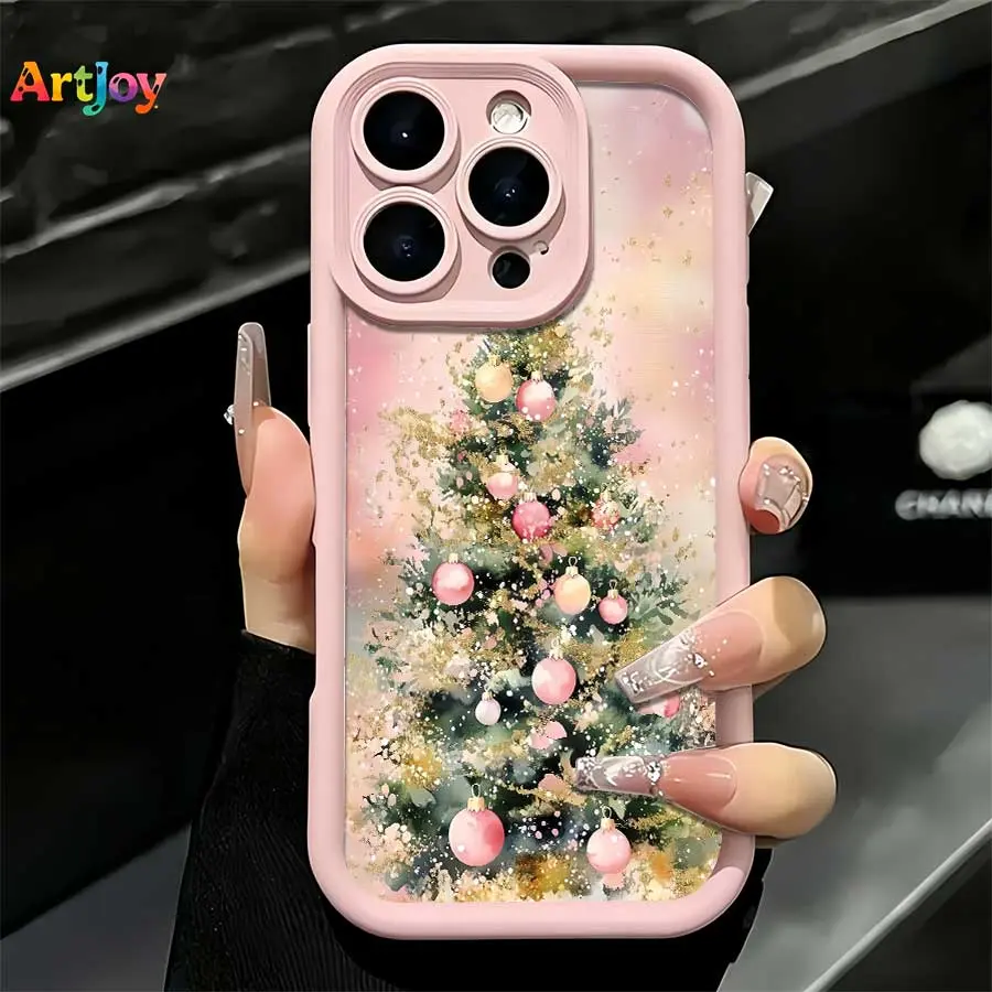 Shockproof Phone Case, Elegant Christmas Trendy Eye-catching Protective Case With Watercolor Christmas Tree, Pink Ornaments & Golden Foil Effect Illustration, Light Pink Frame for iPhone 17 Pro Max, 16, 16 Plus, 15, 14, 13, – Ideal Birthday, Holiday Gift