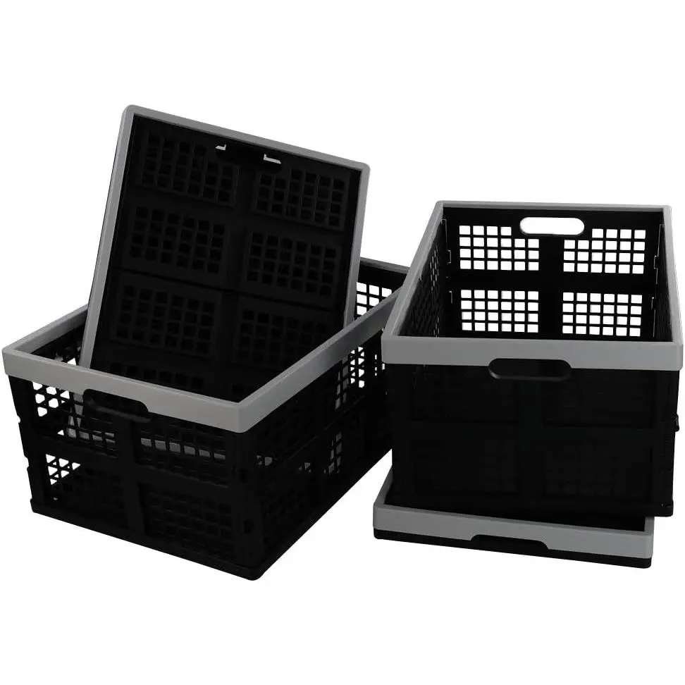 34-Liter Collapsible Milk Crates, Stackable Storage Basket, Set of 4 | Folding Crate for Oraganizing, Black & Grey