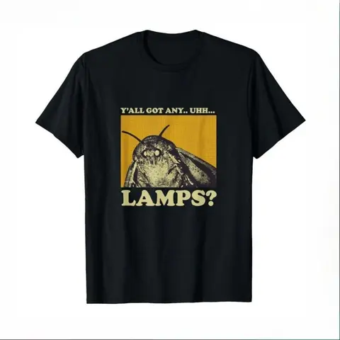 Men's Short-Sleeve Retro Cotton Top - Unisex 100% Cotton Feel, Fitted, Round Neck, "Y'all Got Any Lamps" Moth Meme Graphic, Digital Transfers, All Seasons Funny Gift Garment