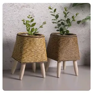 Vintage Imitation Rattan Flower Stand with Wooden Legs