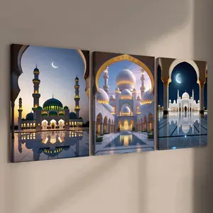 3 count wooden frame canvas, Moonlit Islamic architectural aesthetics triple poster, exquisite architectural art decoration, stylish bedroom decoration, modern art home decoration, living room and corridor wall decoration, HD, waterproof, art