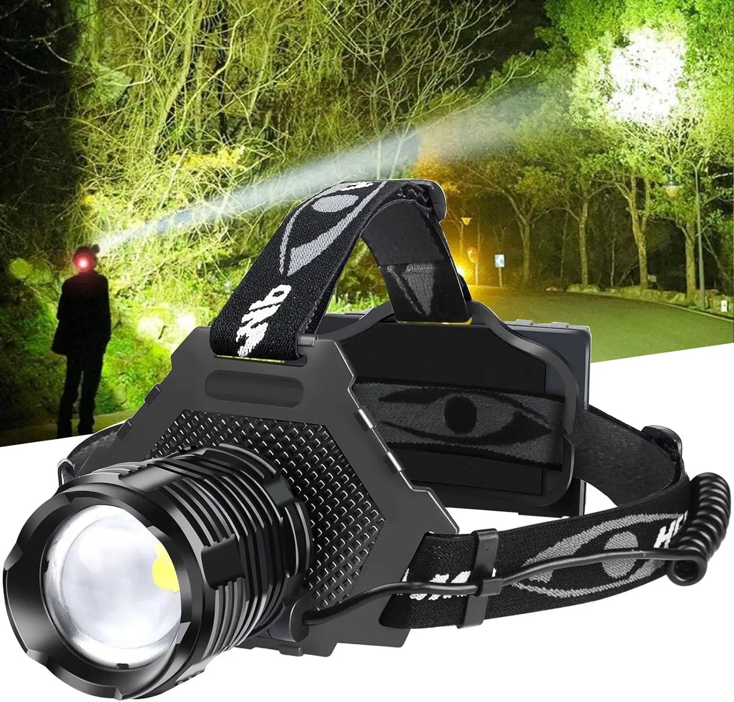 LED Headlight Headlight - Rechargeable, Adjustable Focal Length And 90° Tilt, with Warning Taillight,  Suitable for Camping, Hiking, Adventure, Repair Work And Emergency Use, Durable Headlight