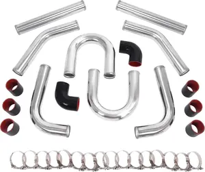 2.5" 8Pcs Aluminium Turbo Intercooler Piping w/U Pipe Black Silicone Coupler & Stainless Steel Clamp Kit Universal Tube Polishing Set Rubber Silvery & Black