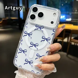 Magnetic Phone Case Supports Wireless Charging Case for iPhone 17 Pro Max 17 Air Blue Bow Pattern Pattern Non-Yellowing Shockproof Clear Slim Protective Softcase Transparent Acrylic Large Hole Cover