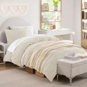 Cream Gingham Duvet Cover Twin, 100% Wash Cotton Linen Like Textured Breathable Comforter Cover Set, 2 Piece Beige Classic Yarn-Dyed Checkered Plaid Bedding Set for Dorm Kids Teens, 66"*90"