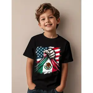 Kids' Mexico & USA Flag T-Shirt - Mexican Eagle & Aztec/Spanish Coat of Arms Print with American Stars & Stripes - & Casual Summer Outfit, Cultural Heritage Apparel for 4th of July & Mexican Independence Day, Most Likely Christmas Shirts, Family Matching