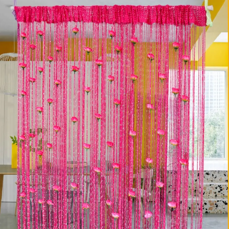 2pcs Rose Flower Line Curtain Silver Thread Tassel String Door Curtain, Home Decorative Curtain, Tassel Partition Curtain for Door, Living Room, Bedroom, Wedding, Christmas, Birthday Party Home Decoration, Interior Decoration Accessories