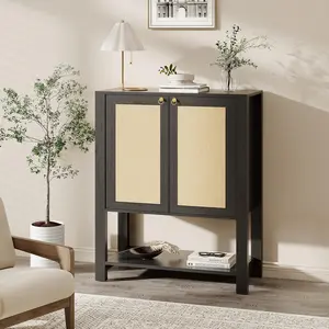 Farmhouse Rattan Entryway Shoe Cabinet – 40-Inch Tall, Adjustable Shelves, Open Shelf, Narrow Freestanding Shoe Storage for Hallway or Living Room, Wood Design, Dark Oak