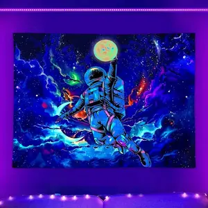 Astronaut Pattern Fluorescent Tapestry, 1 Count Dark Themed Light Tapestry, Cool Milky Way Space Starry Sky Tapestry, Living Room Bedroom Aesthetic Decor Wall Hanging