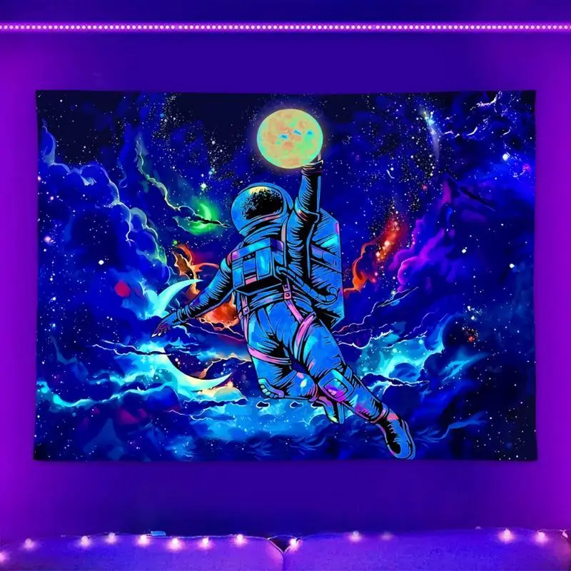 Astronaut Pattern Fluorescent Tapestry, 1 Count Dark Themed Light Tapestry, Cool Milky Way Space Starry Sky Tapestry, Living Room Bedroom Aesthetic Decor Wall Hanging