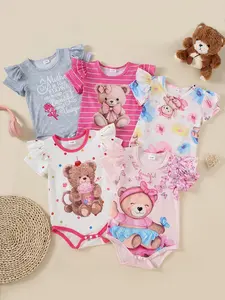 Summer Five-Piece Baby Girls' Cartoon Bear & Letter Print Ruffle Short Sleeve Triangle Onesies Set, Cute Toddler Outfit