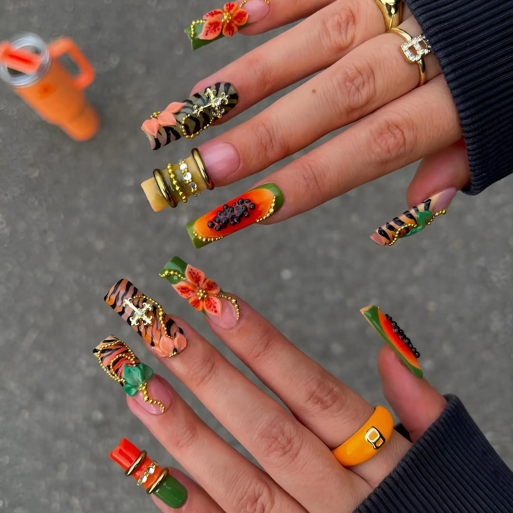 Cute Almond Press On Nails, Lightweight 3D Floral Set with Tropical Fruit & Tiger Stripe Art, Statement Designs for Art Enthusiasts, Zebra Print False Nails & Accessories, Elegant, Casual, Fashion Unisex, Dainty, All Nail Art Enthusiasts