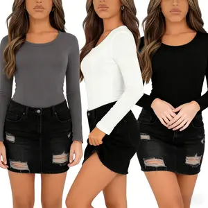 3-Pack Women’s Slim-Fit Y2K Korean Tops - Lightweight Cotton Blend Crewneck & Turtleneck, Assorted Color Layering Essentials for Casual & Date Looks