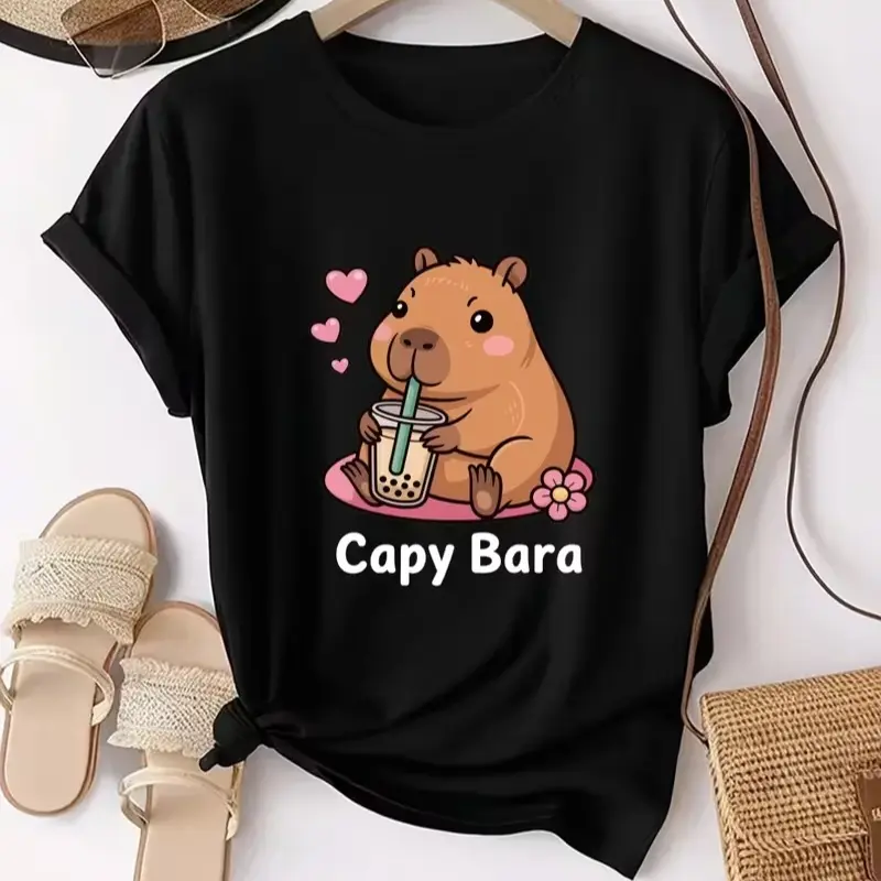 Kawaii Cute Capybara Drinking Boba Bubble Tea Graphic Tee Women Cartoon Capybara Lover Tshirt Casual Summer Short Sleeve Top