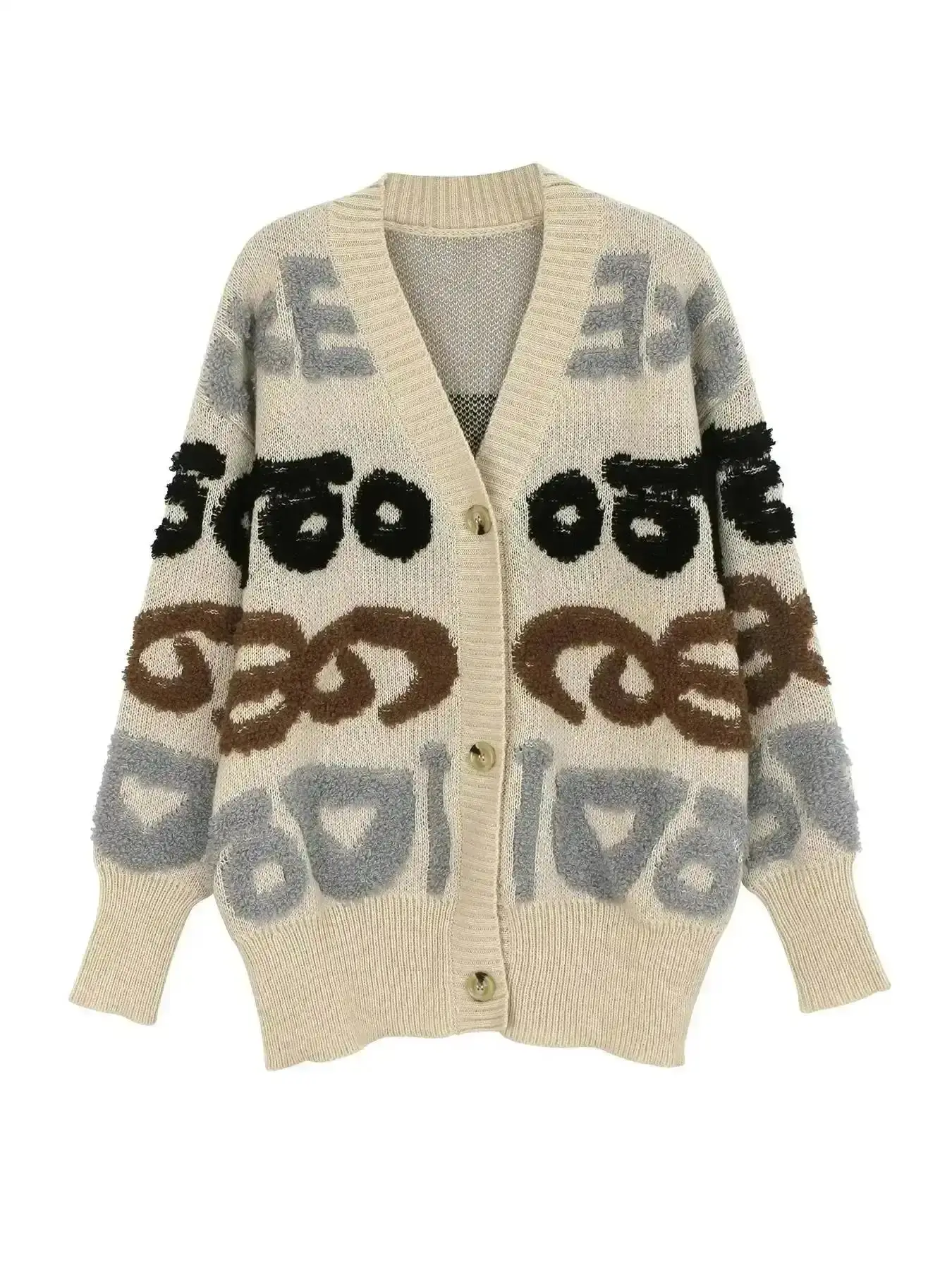 Luxury 2026 Women's Letter Jacquard Drop Shoulder Cardigan, Casual Long Sleeve V Neck Button Front Fit Knitwear for Spring & Fall, Fashion Knit Clothing Daily Wear, Womenswear, Tops, Knitting, Sweater 1 Piece, Lady
