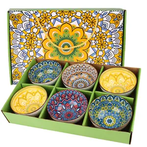 4.52inch Boho Ceramic Fruit Bowl Set of 6, Colorful Porcelain Kitchen Soup Serving Bowls Dessert Bowls Set for Cereal, Soup, Salad, Pasta, Rice, Oatmeal, Ramen, Cereal, Snack