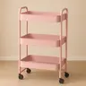 3-Tier Rolling Cart with 6 Hooks – Metal Utility Storage Cart on Wheels with Handle, Organizer for Classroom, Office, Dorm & Home, Pink & White, Steel Racks bathroom organizer shoe rack organizer