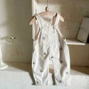 Spring And Autumn Baby Clothing Warm Apricot Floral Embroidery Button Design Loose Versatile Suspender Pants