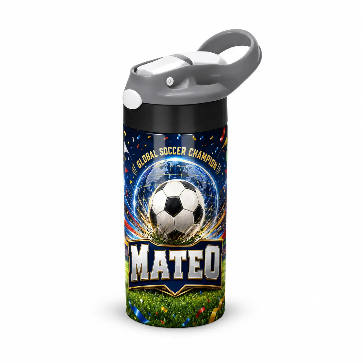 Personalized Kids Soccer Water Bottle - 12 oz Custom Spill-Proof Sippy Cup with Straw, Holiday Gift Tumbler for Boys/Girls, Christmas Stocking Stuffer