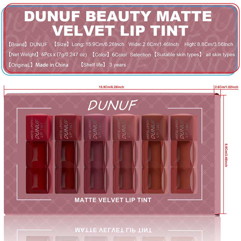 DUNUF modest mauve 6 PCS Matte Velvet Lip Tint Set - Viral Transfer-Proof Long-Lasting Lip Stain Kit, High Pigment Red, Brown & Nude Shades for All Skin Tones, TikTok Must-Have Makeup holiday