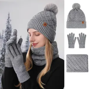 Women's Winter Knitted Hat Set Cold-Proof Double-Layer Scarf & Gloves Three-Piece in Polyester with Pom-Pom for Stylish Warmth
