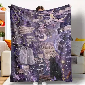 Mystic Moon and Stars Flannel Blanket Galaxy Night Sky and Black Cat Print Soft Cozy Warm Plush Throw Blanket for Bedroom Living Room Meditation Space Reading Corner and Gift Use