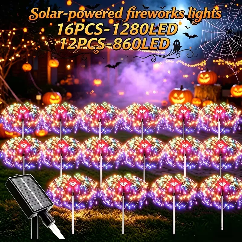 16/12PCS-1280/860LED Outdoor Solar Fireworks Light - RGB Multi Color Solar Courtyard Light, Waterproof IP65 Outdoor Solar Fairy Light String, Suitable for Courtyard, Garden, Lawn, Camping, Halloween | Christmas Decoration | Outdoor Solar Lights Magical